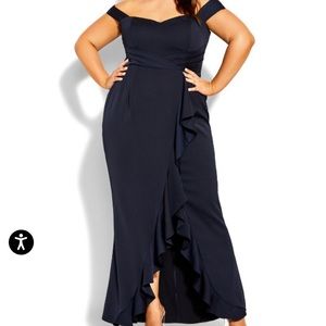 Navy Blue long formal dress.  Off shoulder and ruffled design.